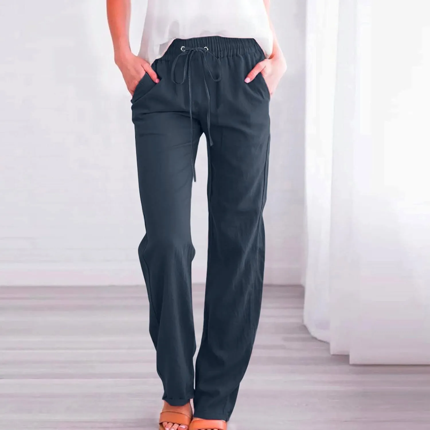 Womens Linen Summer Drawstring Palazzo Pants High Waist Bootcut Loose Fit Pant Trousers Work Business