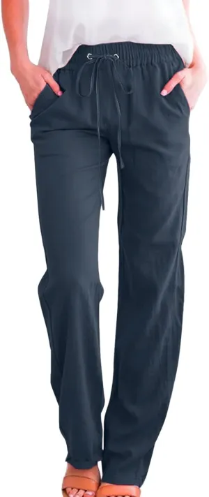 Womens Linen Summer Drawstring Palazzo Pants High Waist Bootcut Loose Fit Pant Trousers Work Business