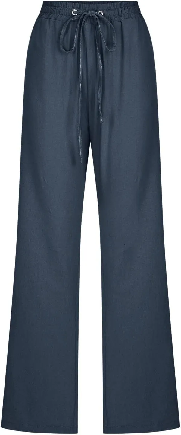 Womens Linen Summer Drawstring Palazzo Pants High Waist Bootcut Loose Fit Pant Trousers Work Business