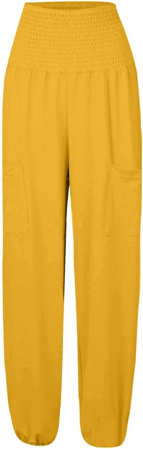 Women's Linen Summer Fashion Pant Trousers Low Waist Wide Leg Slim-Fit Palazzo Lounge Pants Work Business