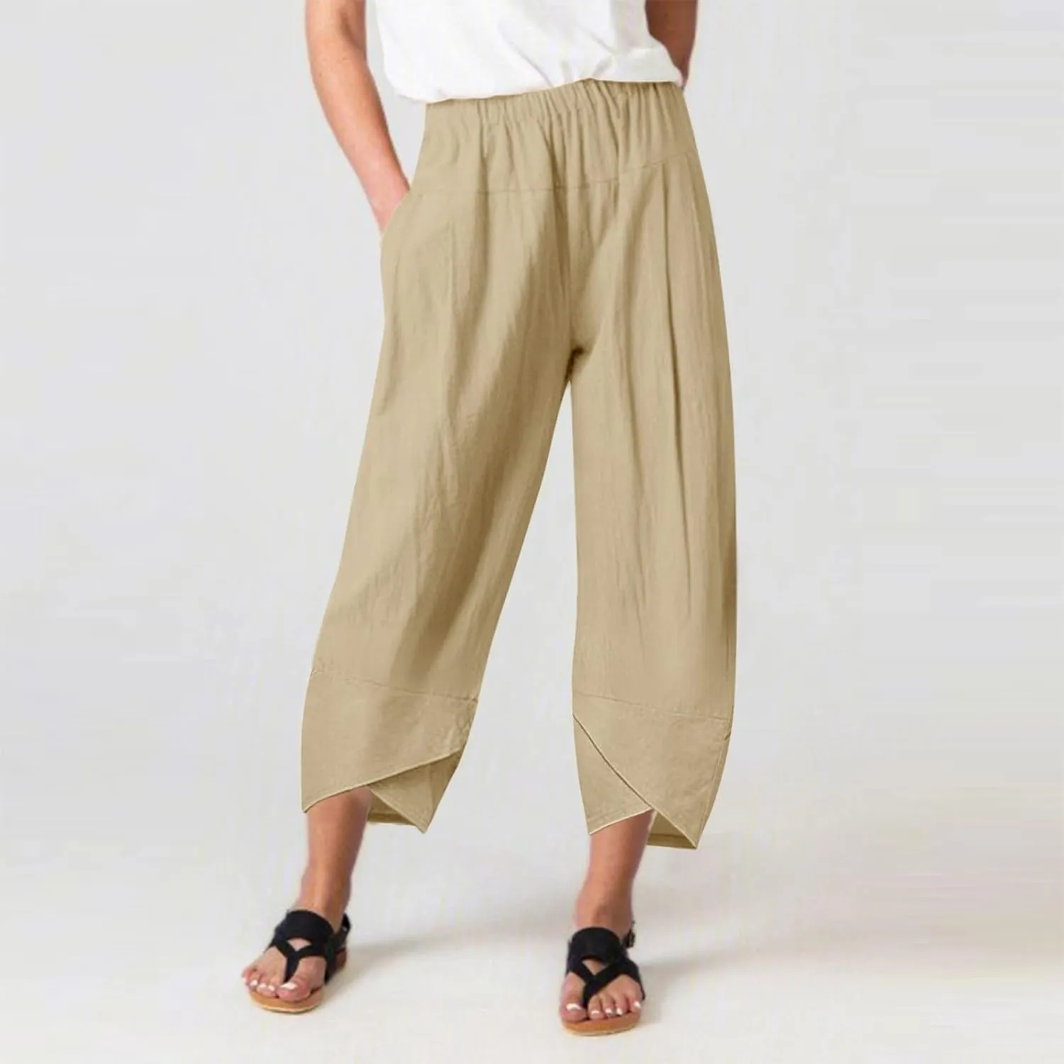 Women's Linen Summer Printed Palazzo Pants Elastic Waisted Wide Leg Slim Fit Pant Trousers Business Work