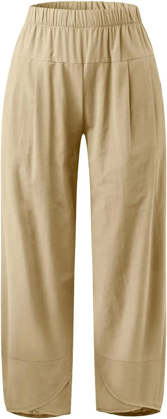 Women's Linen Summer Printed Palazzo Pants Elastic Waisted Wide Leg Slim Fit Pant Trousers Business Work