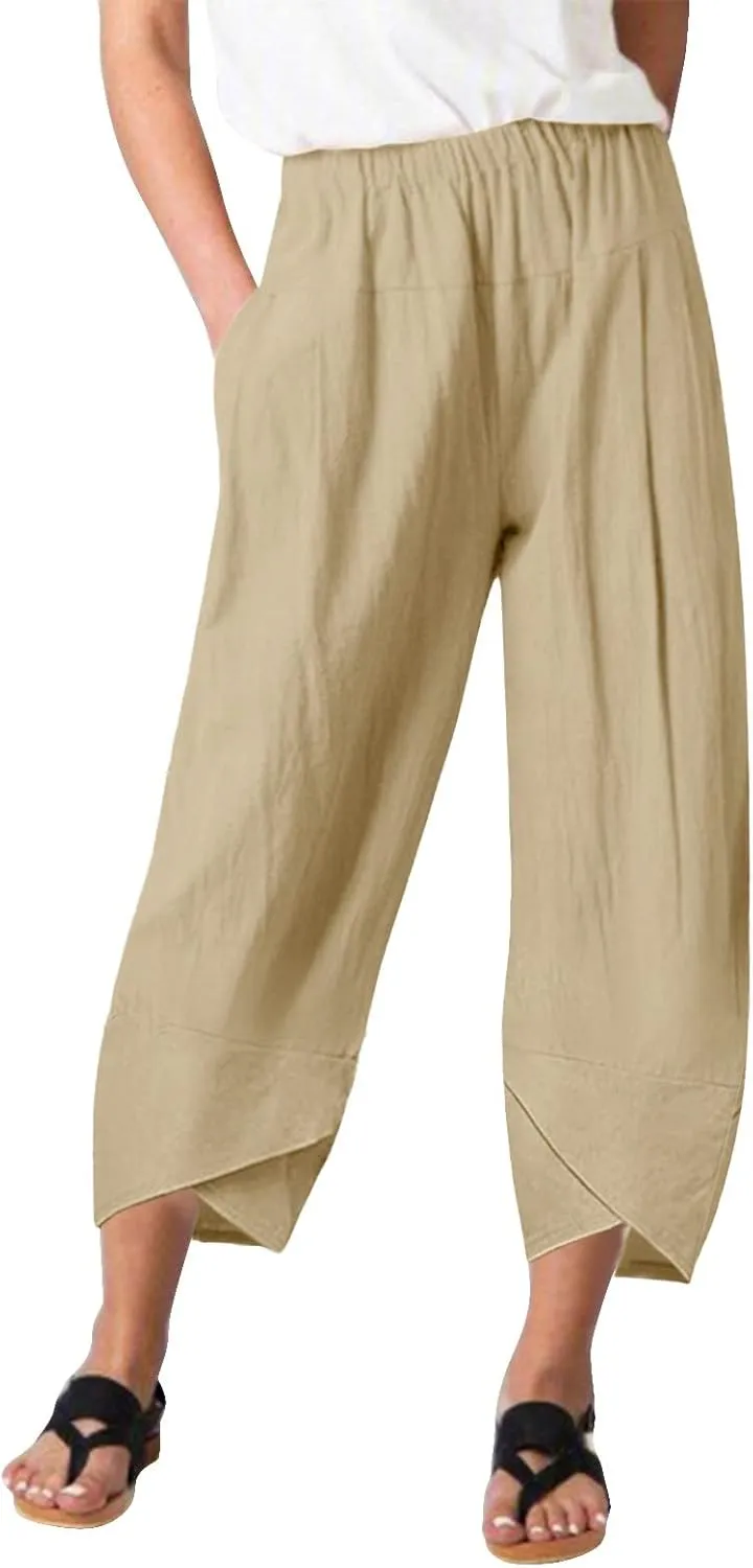 Women's Linen Summer Printed Palazzo Pants Elastic Waisted Wide Leg Slim Fit Pant Trousers Business Work