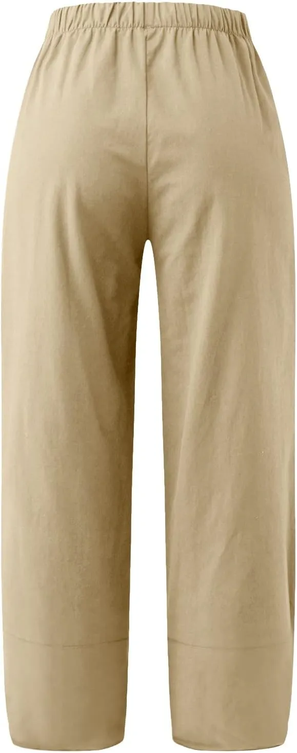 Women's Linen Summer Printed Palazzo Pants Elastic Waisted Wide Leg Slim Fit Pant Trousers Business Work