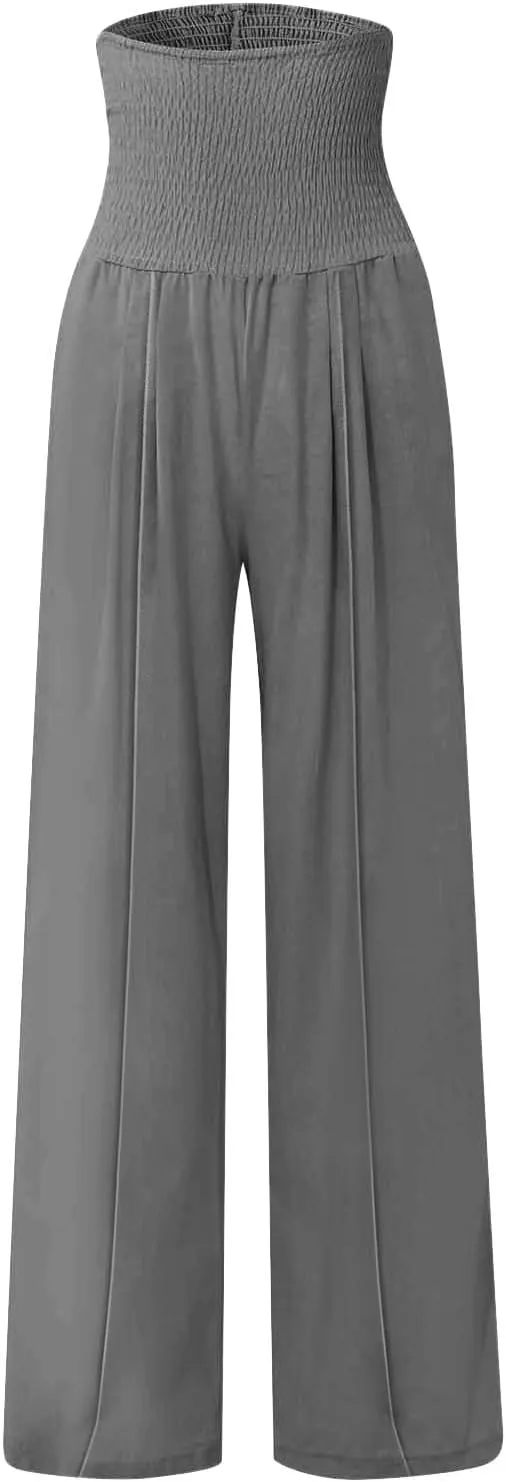 Womens Linen Summer Split Flowy Palazzo Lounge Pants Elastic Waisted Baggy Stretchy Loose Fit Palazzo Pants