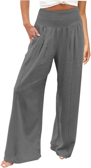 Womens Linen Summer Split Flowy Palazzo Lounge Pants Elastic Waisted Baggy Stretchy Loose Fit Palazzo Pants