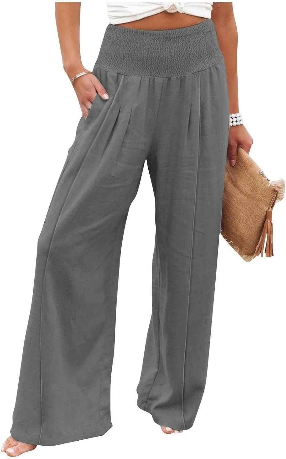 Womens Linen Summer Split Flowy Palazzo Lounge Pants Elastic Waisted Baggy Stretchy Loose Fit Palazzo Pants