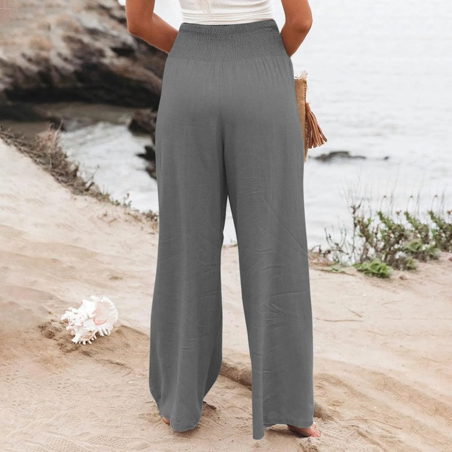 Womens Linen Summer Split Flowy Palazzo Lounge Pants Elastic Waisted Baggy Stretchy Loose Fit Palazzo Pants