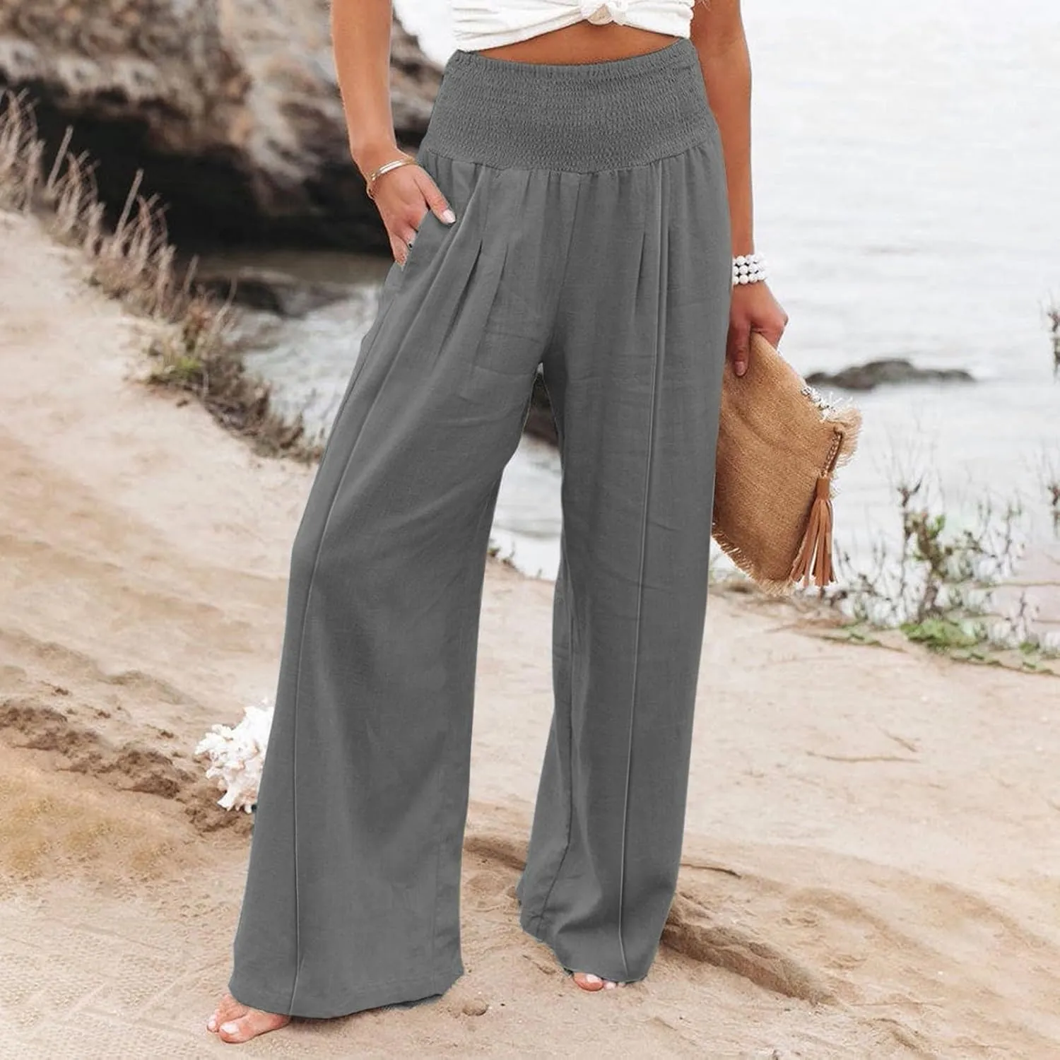 Womens Linen Summer Split Flowy Palazzo Lounge Pants Elastic Waisted Baggy Stretchy Loose Fit Palazzo Pants