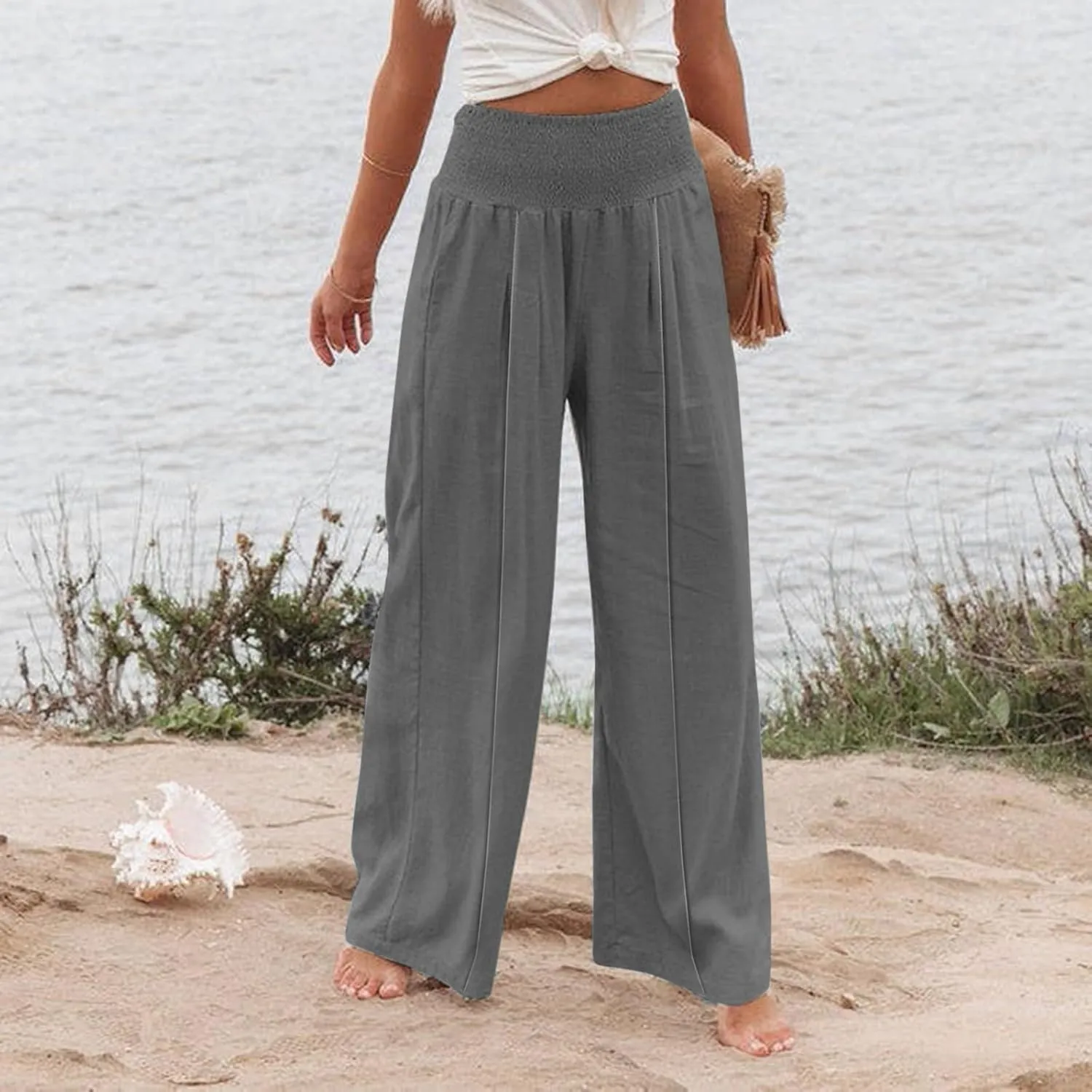 Womens Linen Summer Split Flowy Palazzo Lounge Pants Elastic Waisted Baggy Stretchy Loose Fit Palazzo Pants