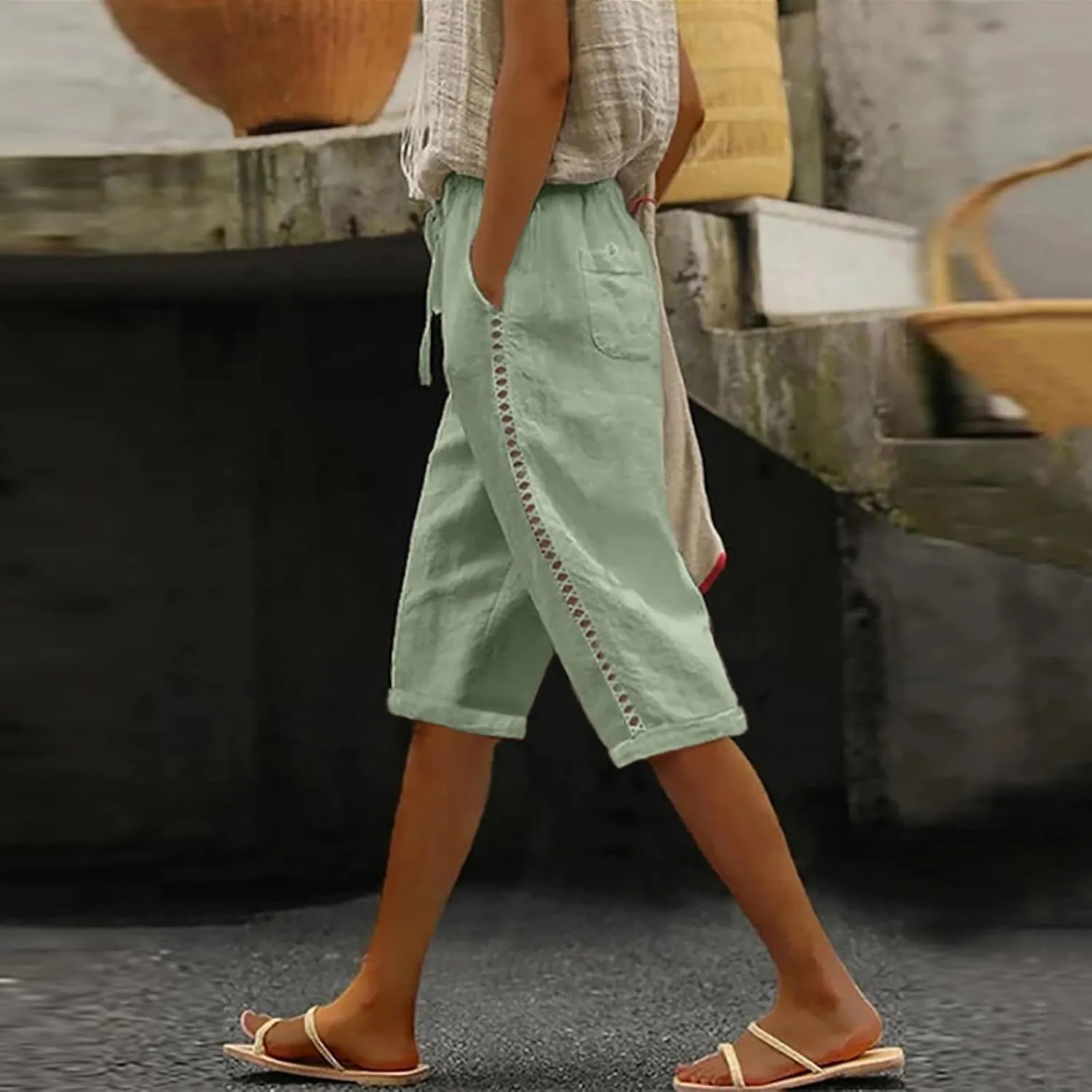 Women's Linen Summer Striped Pants Low Waist Bootcut Slim-Fit Palazzo Lounge Pants Work Business