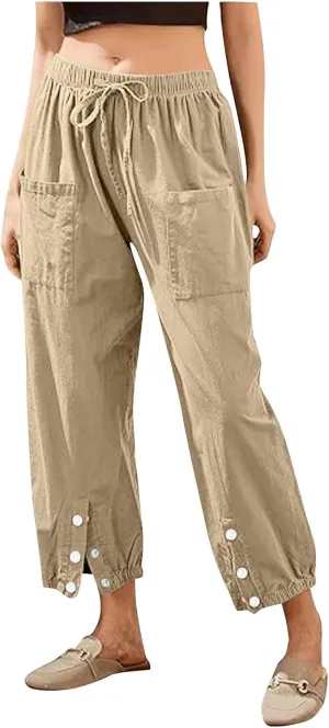 Womens Linen Wide Leg Pants 2025 Summer Trendy Loose Fit Palazzo Pants Elastic Waisted Button Slit Trousers
