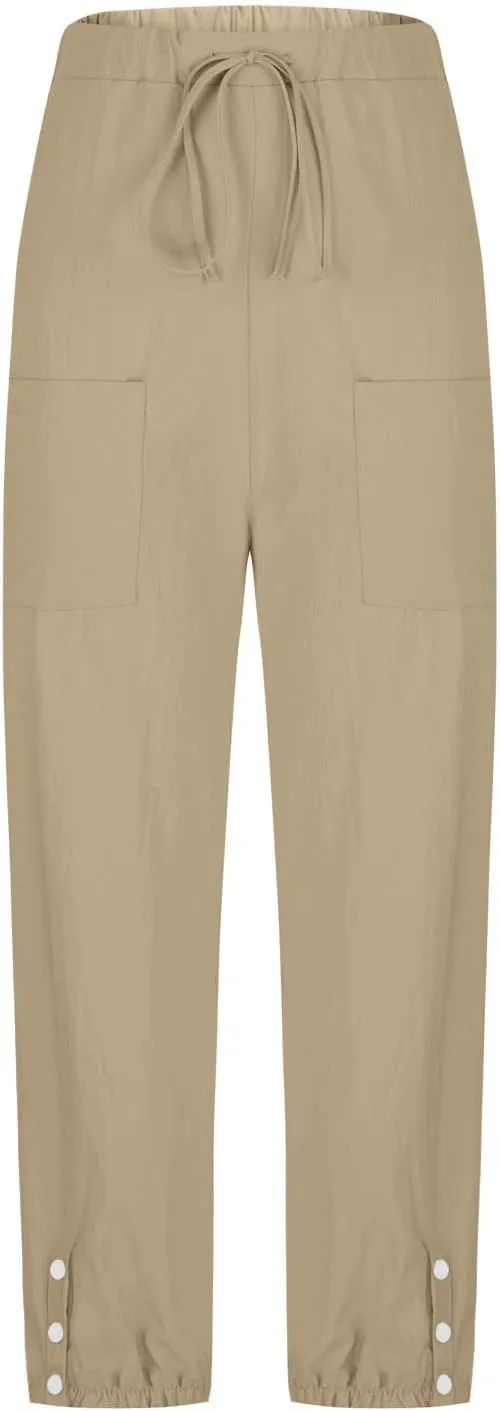Womens Linen Wide Leg Pants 2025 Summer Trendy Loose Fit Palazzo Pants Elastic Waisted Button Slit Trousers