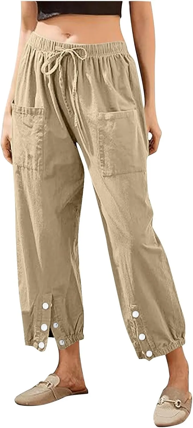 Womens Linen Wide Leg Pants 2025 Summer Trendy Loose Fit Palazzo Pants Elastic Waisted Button Slit Trousers