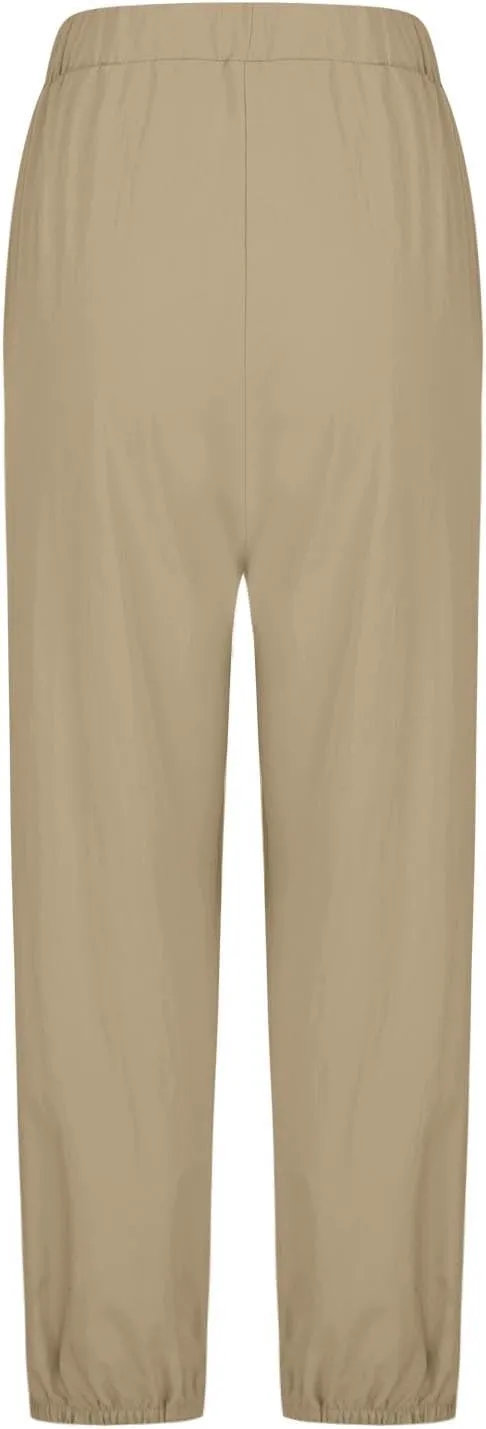 Womens Linen Wide Leg Pants 2025 Summer Trendy Loose Fit Palazzo Pants Elastic Waisted Button Slit Trousers
