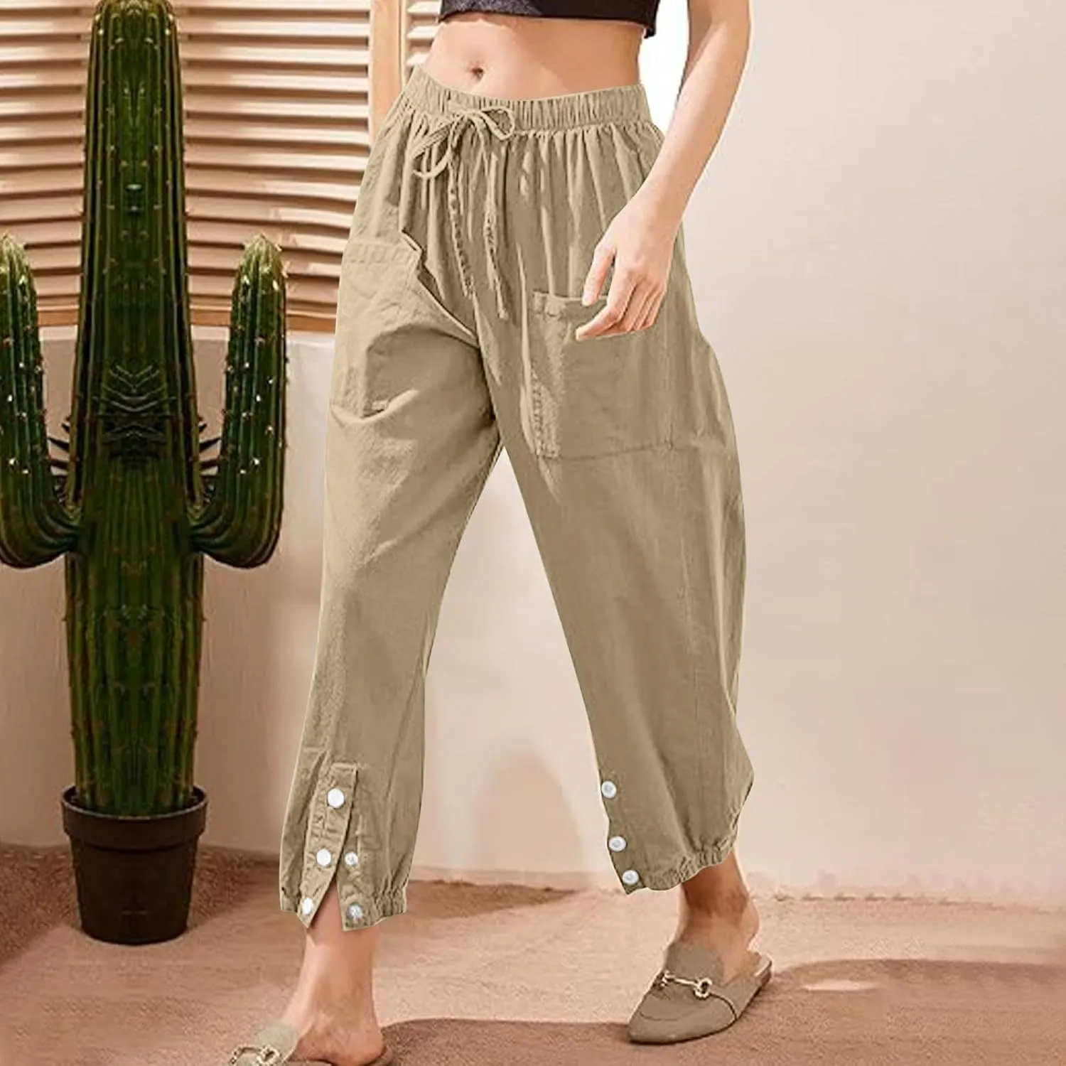 Womens Linen Wide Leg Pants 2025 Summer Trendy Loose Fit Palazzo Pants Elastic Waisted Button Slit Trousers