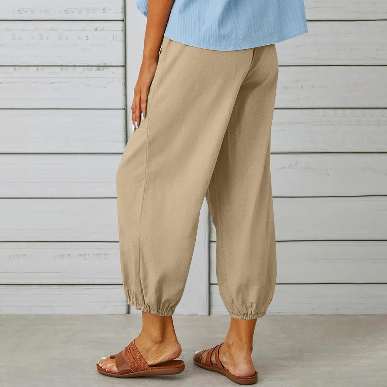 Womens Linen Wide Leg Pants 2025 Summer Trendy Loose Fit Palazzo Pants Elastic Waisted Button Slit Trousers