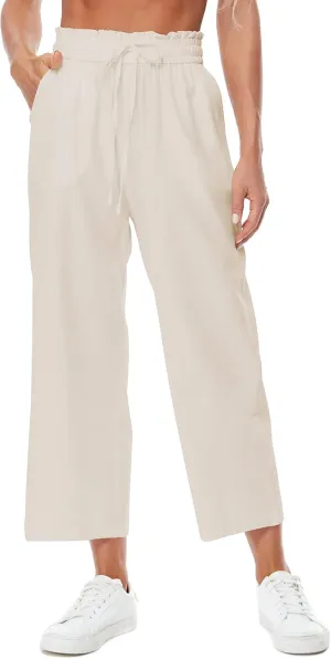 Womens Linen Wide Leg Pants High Waisted Drawstring Baggy Loose Beach Pants with Pockets