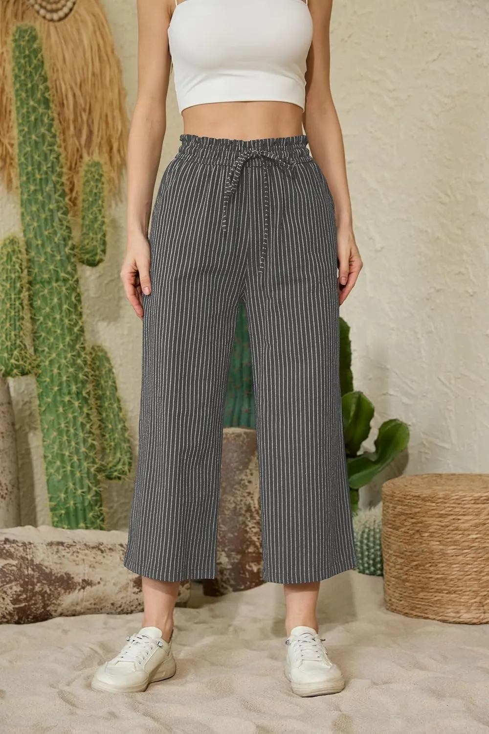 Womens Linen Wide Leg Pants High Waisted Drawstring Baggy Loose Beach Pants with Pockets
