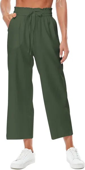 Womens Linen Wide Leg Pants High Waisted Drawstring Baggy Loose Beach Pants with Pockets