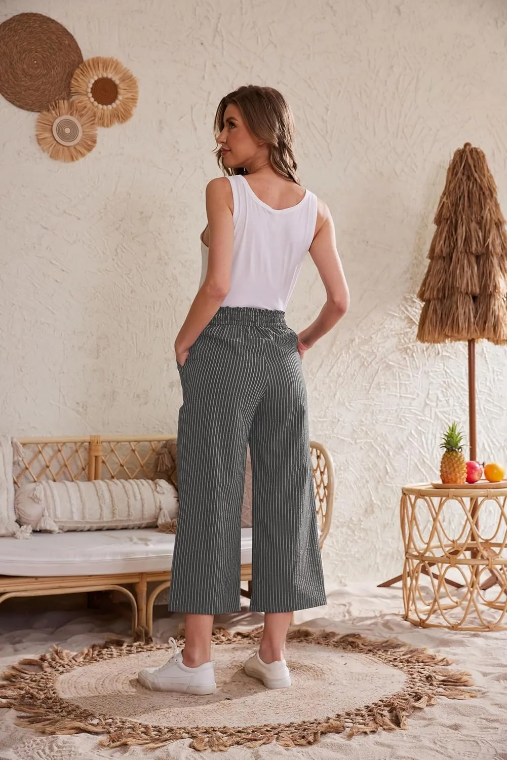 Womens Linen Wide Leg Pants High Waisted Drawstring Baggy Loose Beach Pants with Pockets