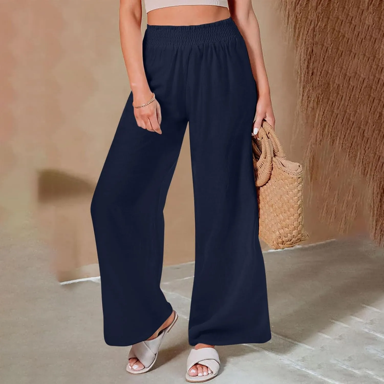 Women's Linen Wide Leg Pants Summer Boho High Waist Palazzo Lounge Pant Trousers Elastic Waist Beach Travel Outfits