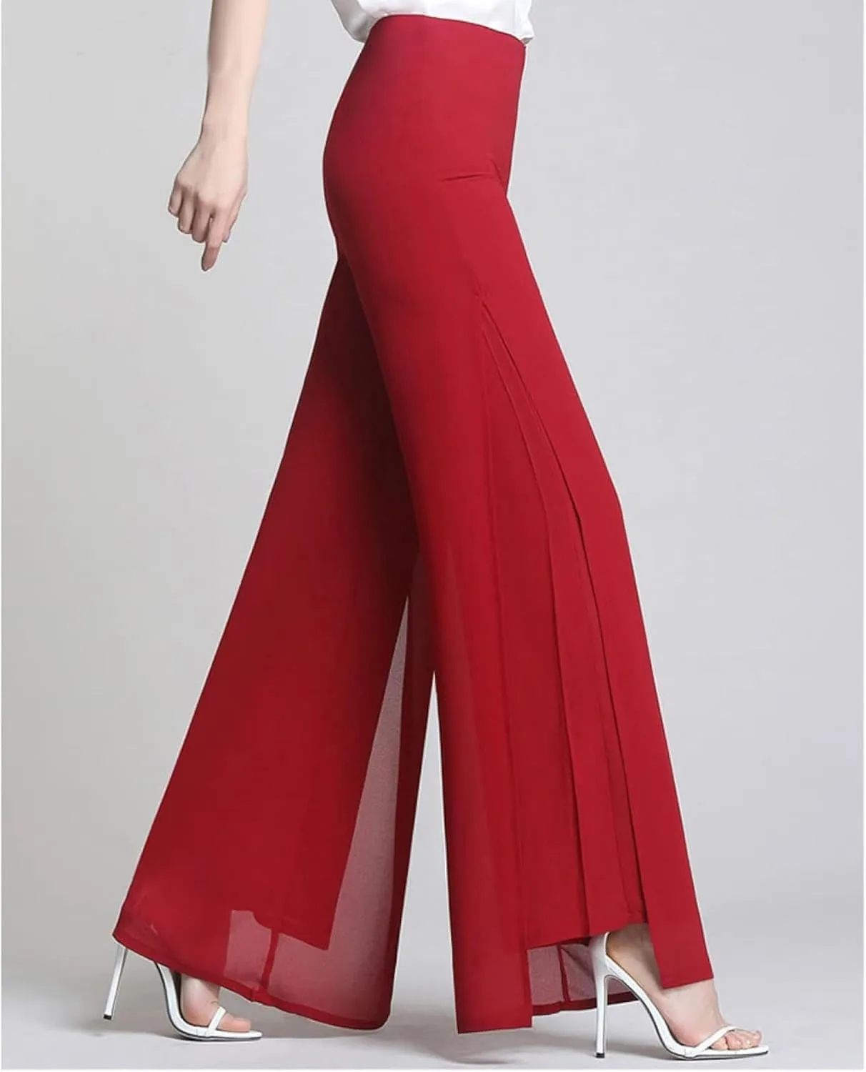 Women's Long Pants Summer Wide Leg Pants High Waist Double Layered Split Chiffon Long Pants Loose Dance Pants