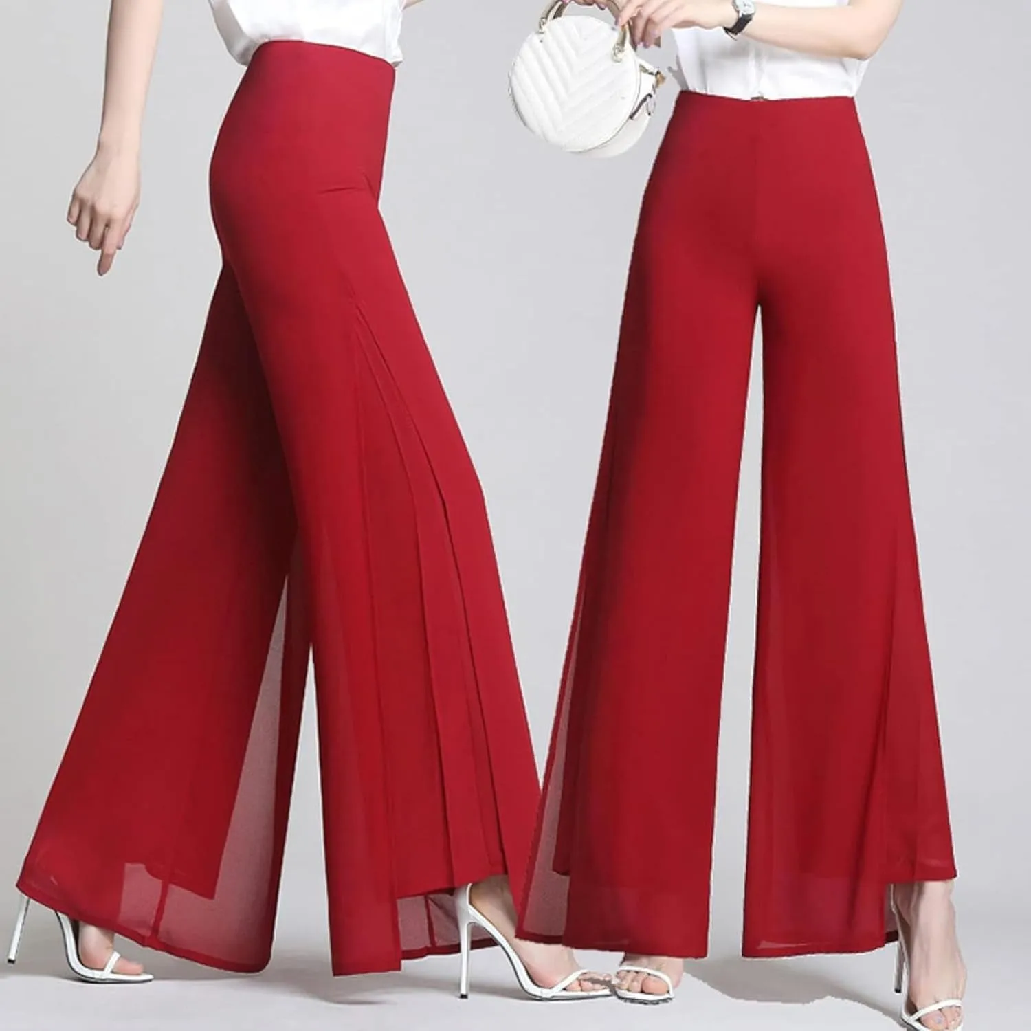 Women's Long Pants Summer Wide Leg Pants High Waist Double Layered Split Chiffon Long Pants Loose Dance Pants