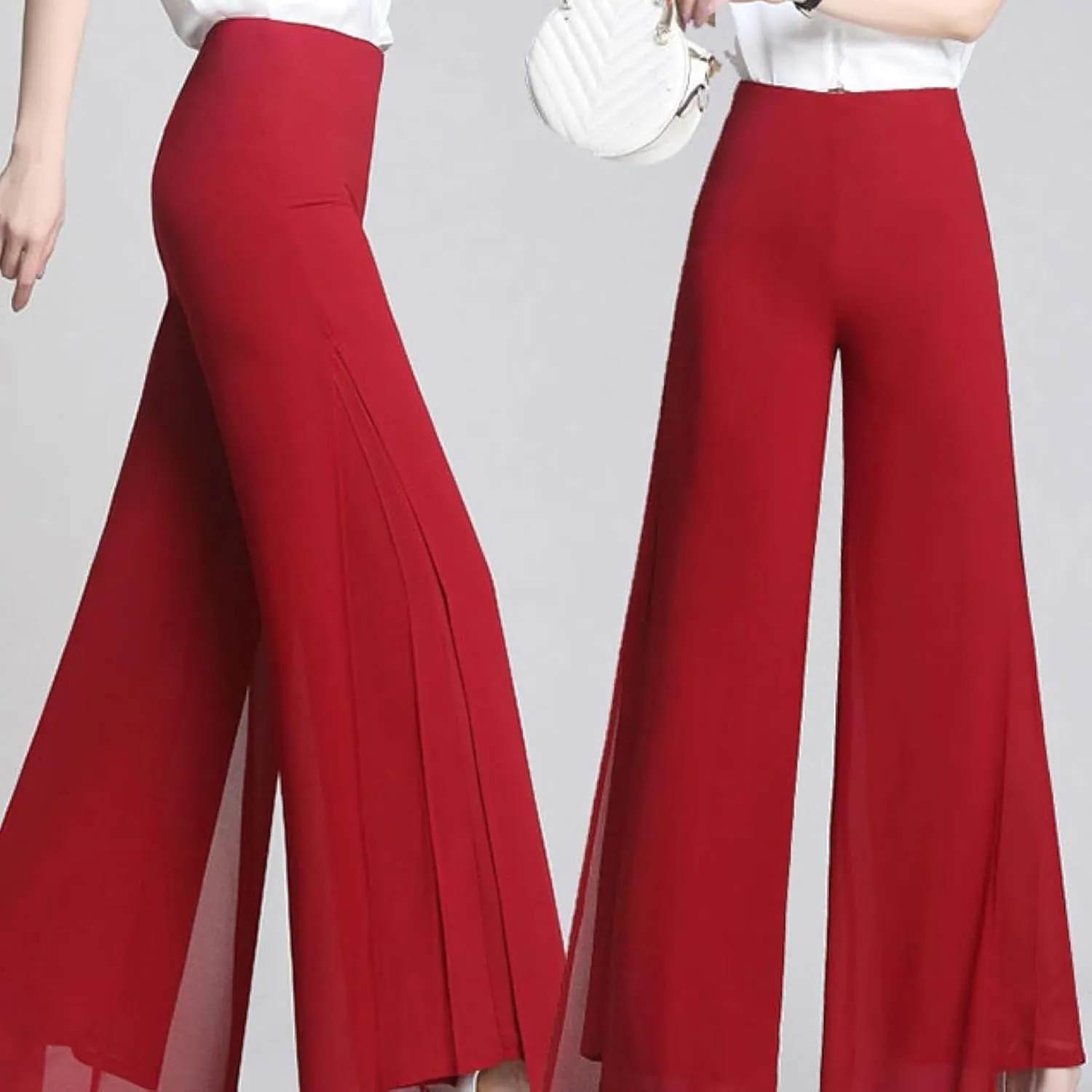 Women's Long Pants Summer Wide Leg Pants High Waist Double Layered Split Chiffon Long Pants Loose Dance Pants