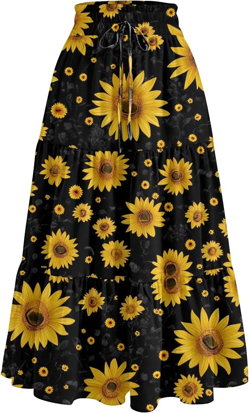 Womens Midi Skirts with Pockets 2025 Summer Long High Elastic Waist Beach Boho Flowy Ruffle A-Line Retro Floral Maxi Skirt