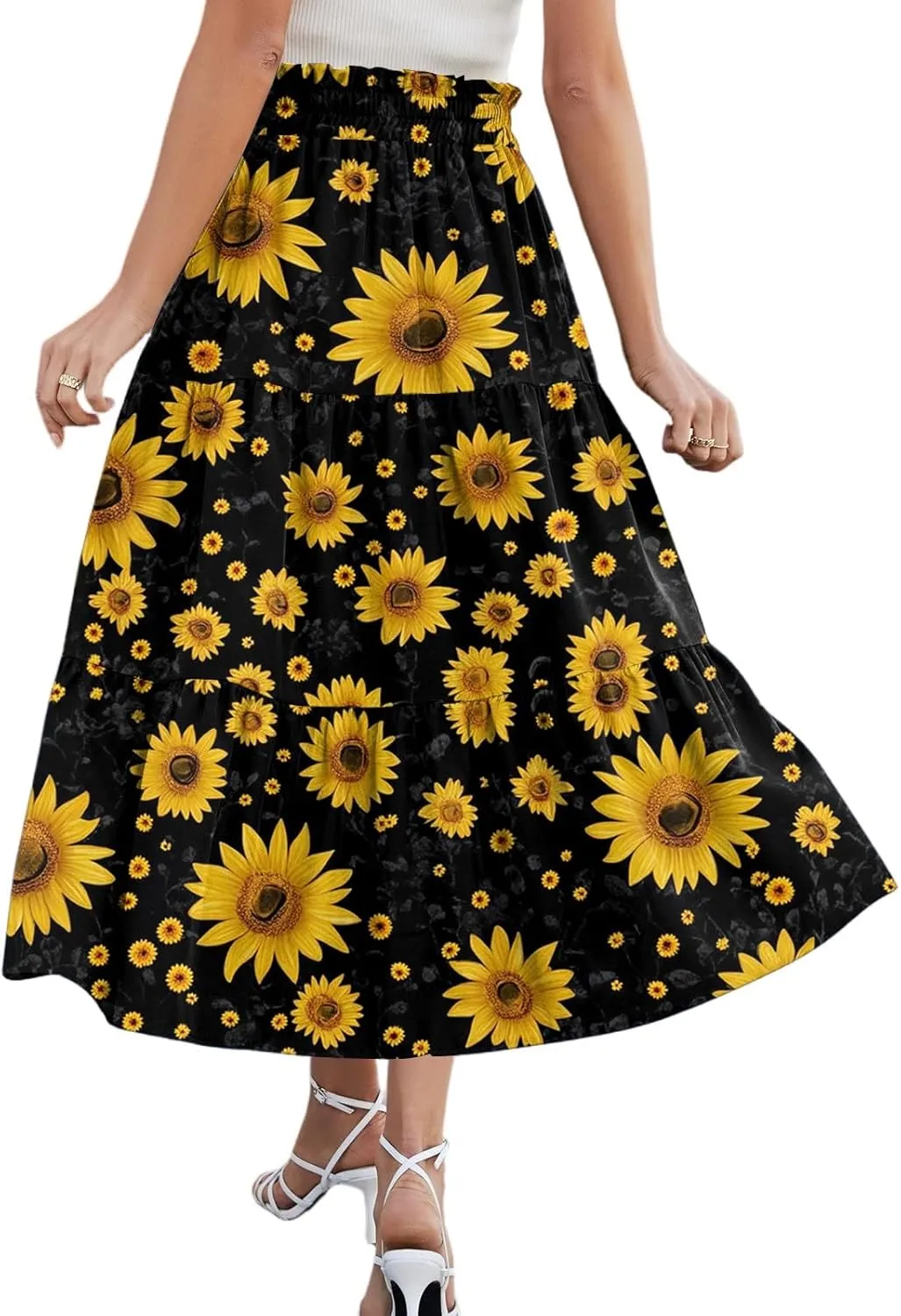 Womens Midi Skirts with Pockets 2025 Summer Long High Elastic Waist Beach Boho Flowy Ruffle A-Line Retro Floral Maxi Skirt
