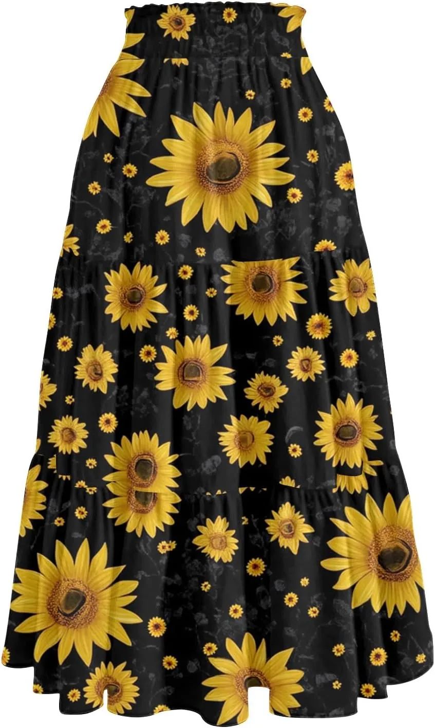 Womens Midi Skirts with Pockets 2025 Summer Long High Elastic Waist Beach Boho Flowy Ruffle A-Line Retro Floral Maxi Skirt