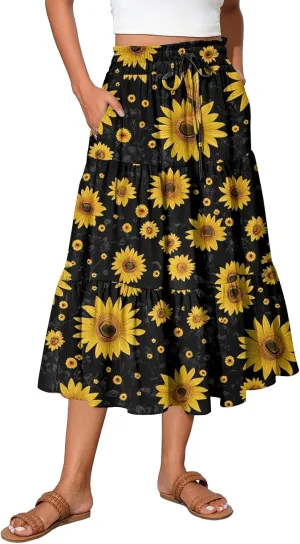 Womens Midi Skirts with Pockets 2025 Summer Long High Elastic Waist Beach Boho Flowy Ruffle A-Line Retro Floral Maxi Skirt