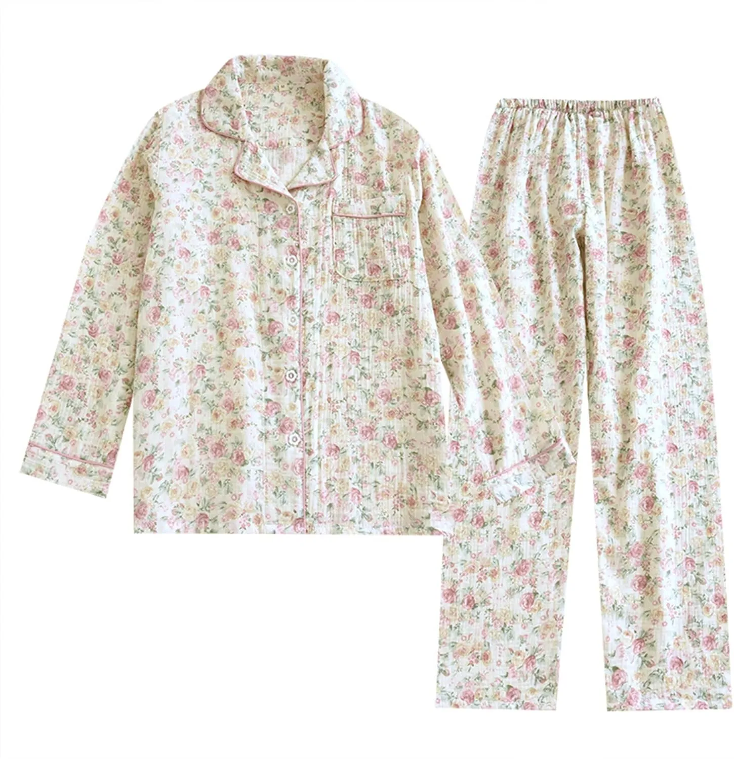 Womens Pajamas Set Cotton Gauze Long Sleeve Shirts and Long Pj Pants Set Soft 2 Piece Floral Lounge Set