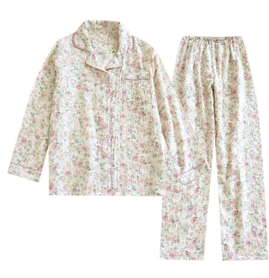 Womens Pajamas Set Cotton Gauze Long Sleeve Shirts and Long Pj Pants Set Soft 2 Piece Floral Lounge Set