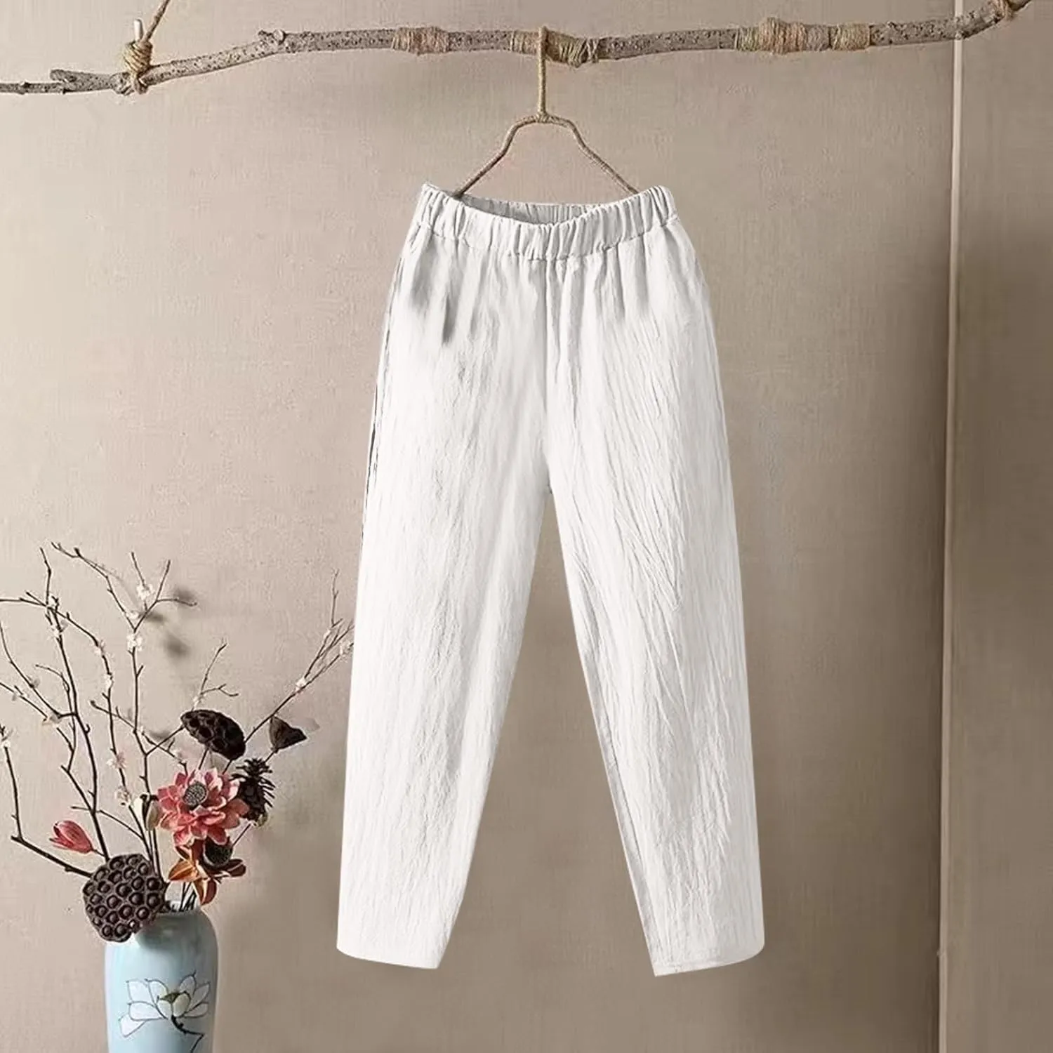 Womens Pants, Peasant Pants Linen Straight Leg Trendy Casual Loose Cotton Wide