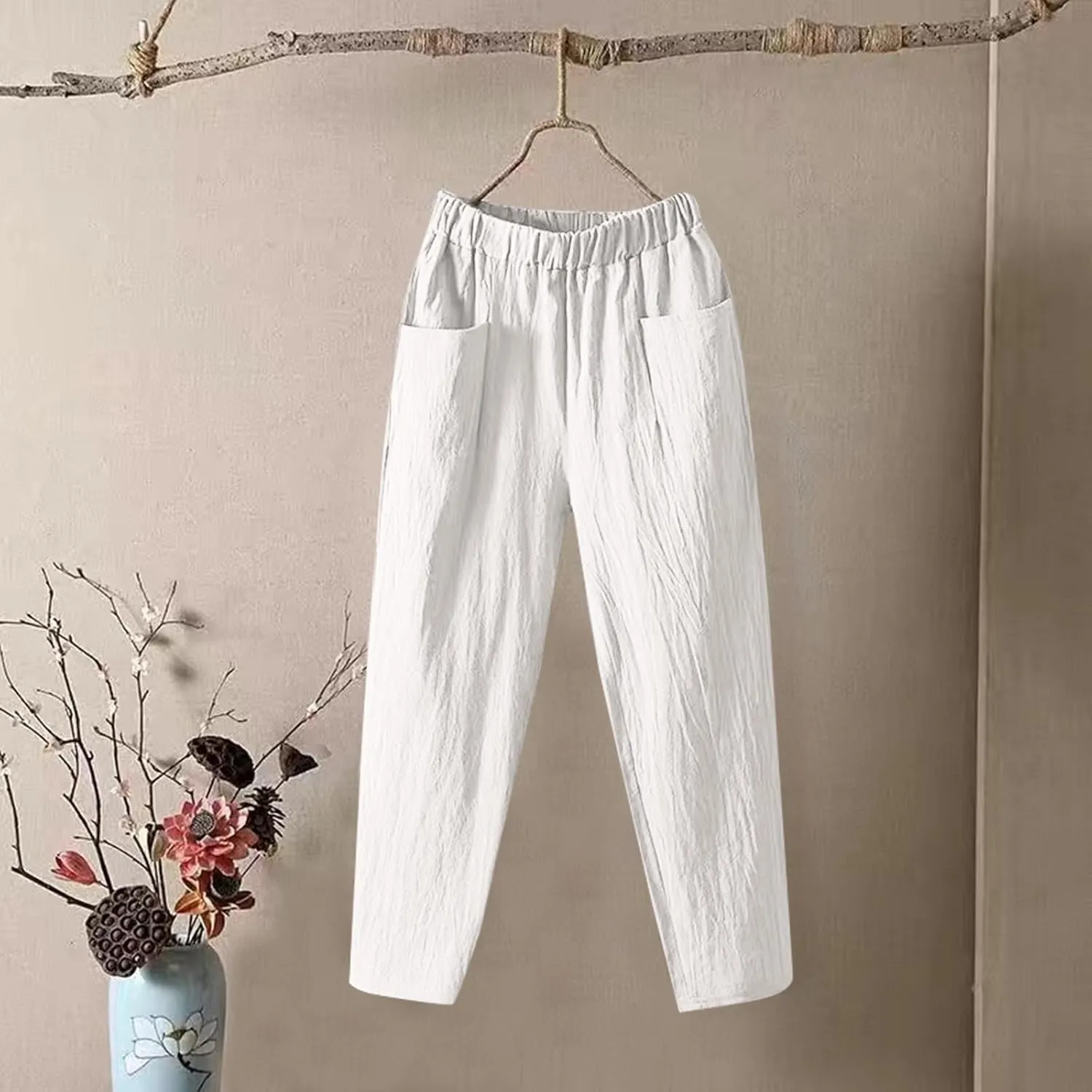 Womens Pants, Peasant Pants Linen Straight Leg Trendy Casual Loose Cotton Wide