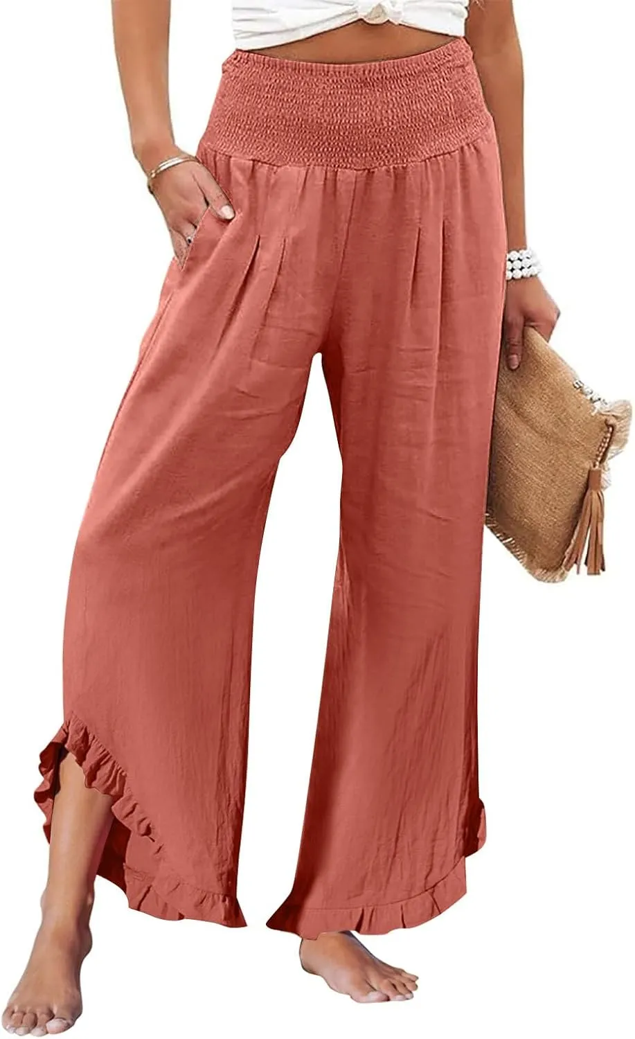 Women's Pants, Straight Leg Linen Pants Summer Wide High Waisted Lightweight Summmer