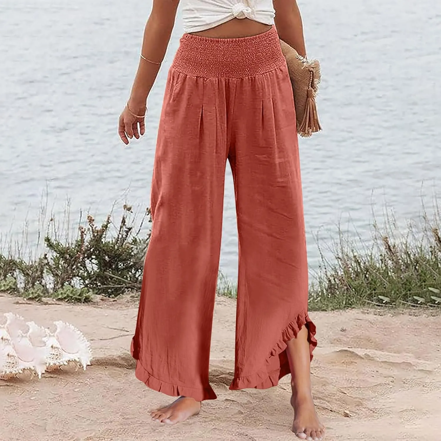 Women's Pants, Straight Leg Linen Pants Summer Wide High Waisted Lightweight Summmer