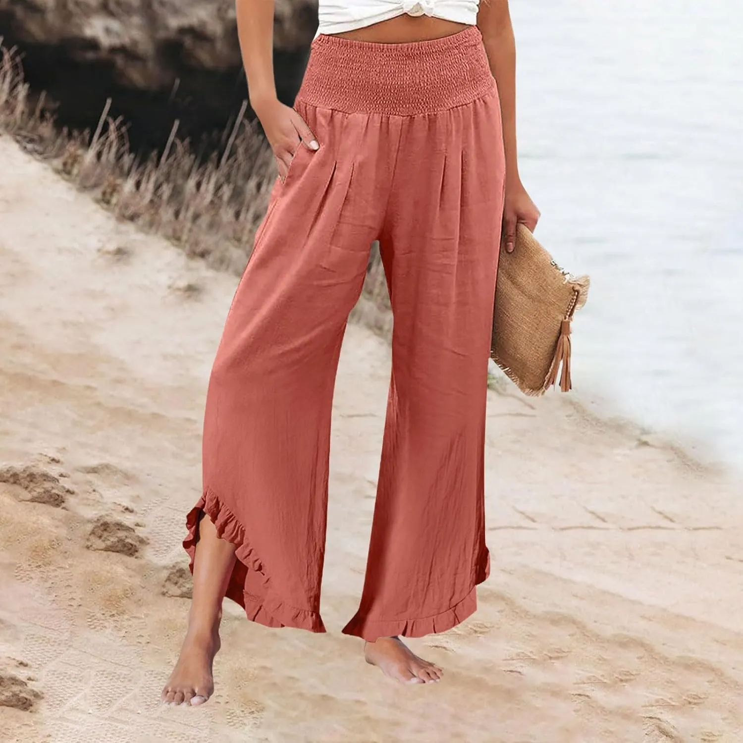 Women's Pants, Straight Leg Linen Pants Summer Wide High Waisted Lightweight Summmer