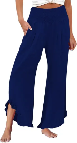 Women's Pleated Cotton Linen Straight Trousers Summer Wide Leg High Waisted Trouser Causal Pants with Irregular Pants Legs