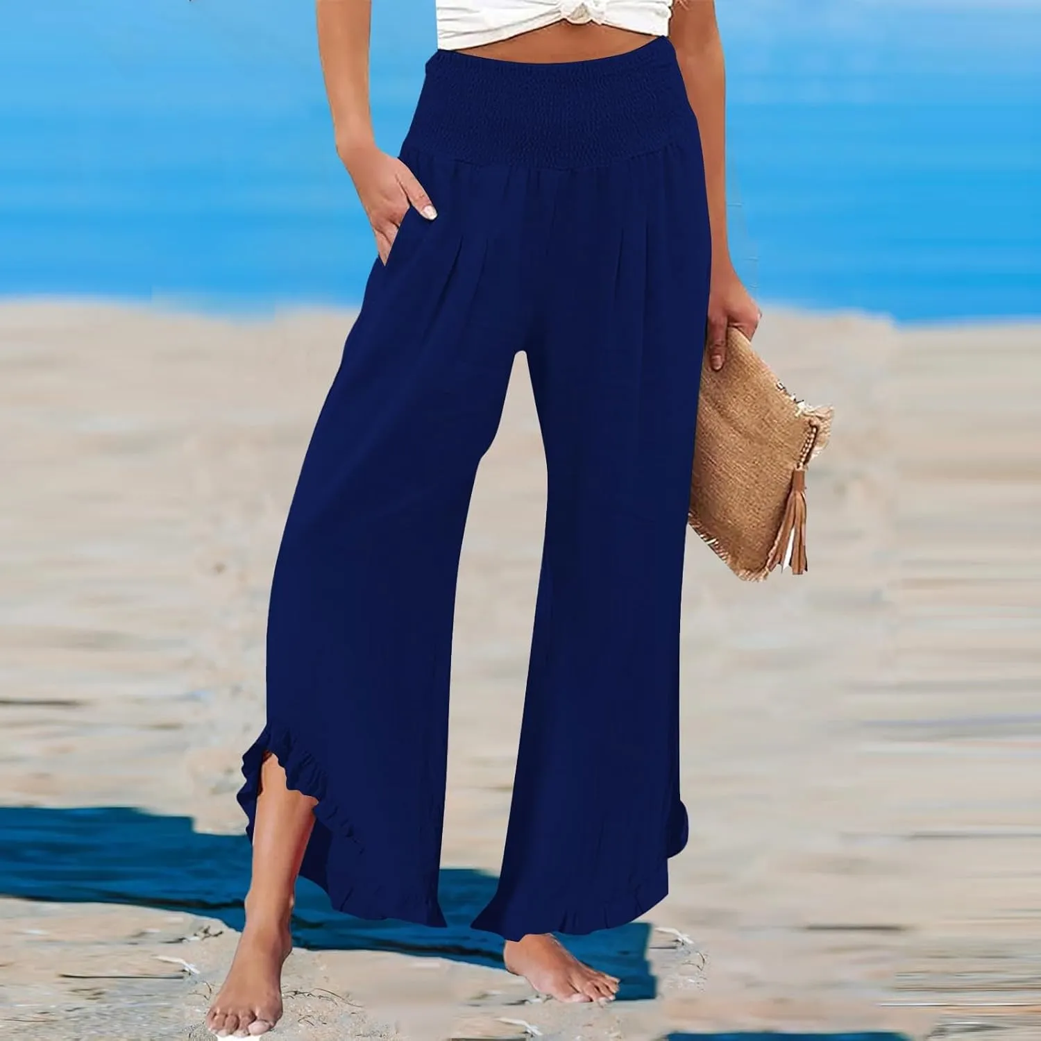 Women's Pleated Cotton Linen Straight Trousers Summer Wide Leg High Waisted Trouser Causal Pants with Irregular Pants Legs