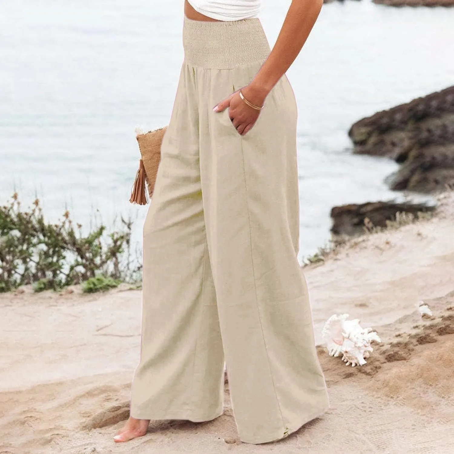 Womens Plus Size Linen Palazzo Pants Casual Summer Wide Leg High Waist Slacks Boho Beach Travel Trousers with Pockets
