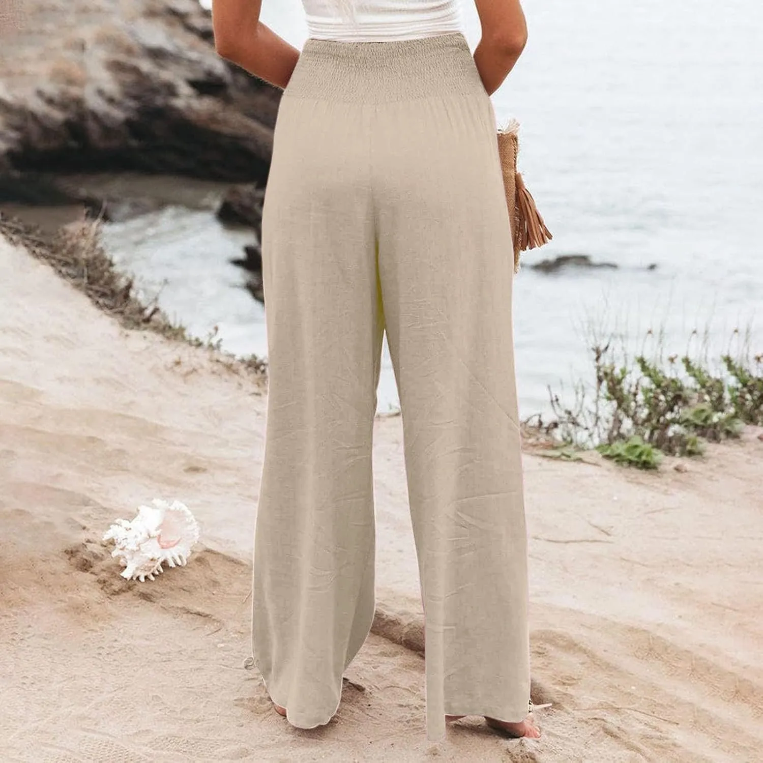 Womens Plus Size Linen Palazzo Pants Casual Summer Wide Leg High Waist Slacks Boho Beach Travel Trousers with Pockets