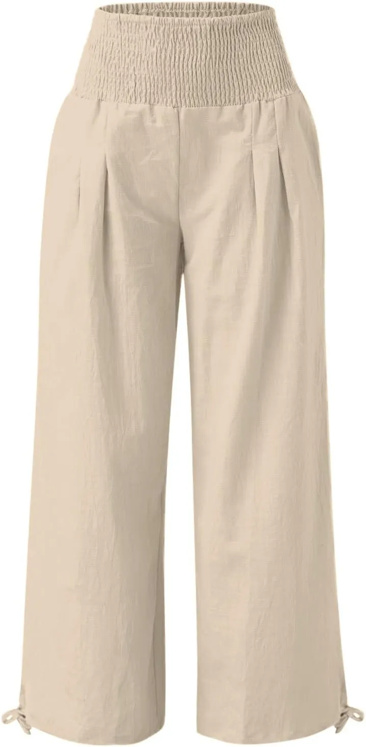 Womens Plus Size Linen Palazzo Pants Casual Summer Wide Leg High Waist Slacks Boho Beach Travel Trousers with Pockets