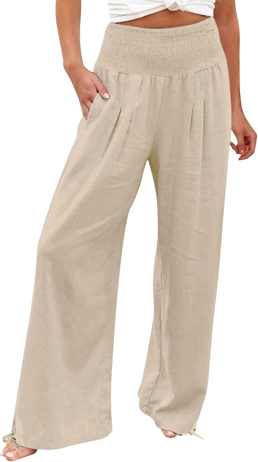 Womens Plus Size Linen Palazzo Pants Casual Summer Wide Leg High Waist Slacks Boho Beach Travel Trousers with Pockets