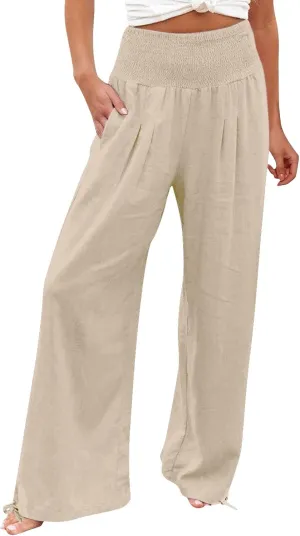 Womens Plus Size Linen Palazzo Pants Casual Summer Wide Leg High Waist Slacks Boho Beach Travel Trousers with Pockets