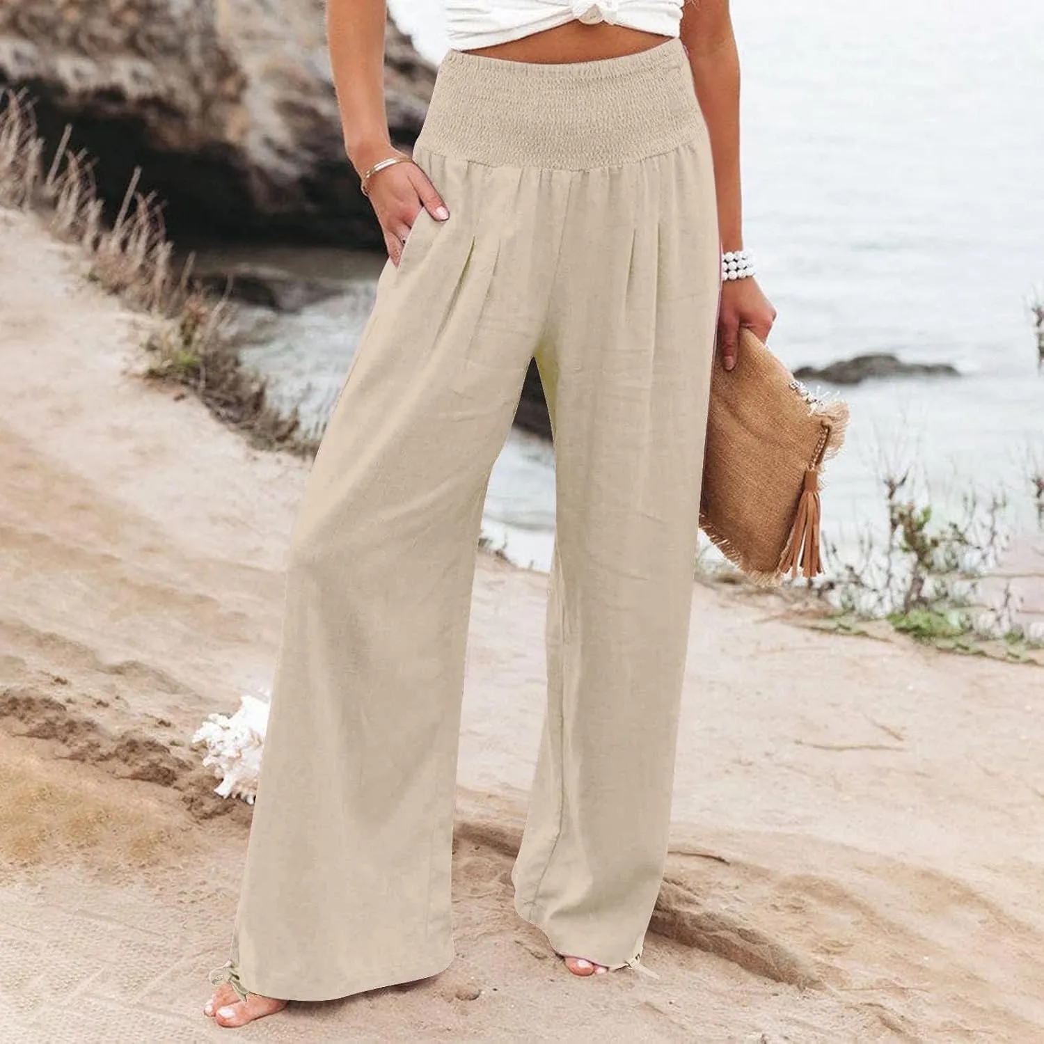 Womens Plus Size Linen Palazzo Pants Casual Summer Wide Leg High Waist Slacks Boho Beach Travel Trousers with Pockets