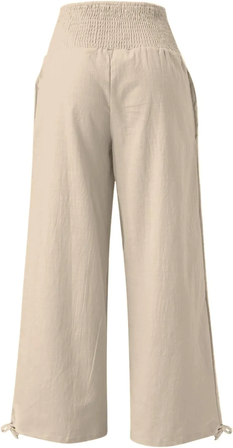 Womens Plus Size Linen Palazzo Pants Casual Summer Wide Leg High Waist Slacks Boho Beach Travel Trousers with Pockets
