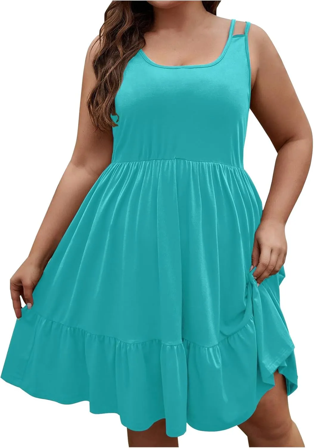 Women's Plus Size Tshirt Dresses Casual Crewneck Sleeveless Summer Ruffle Hem Mini Dress Loose Beach A Line Sundress